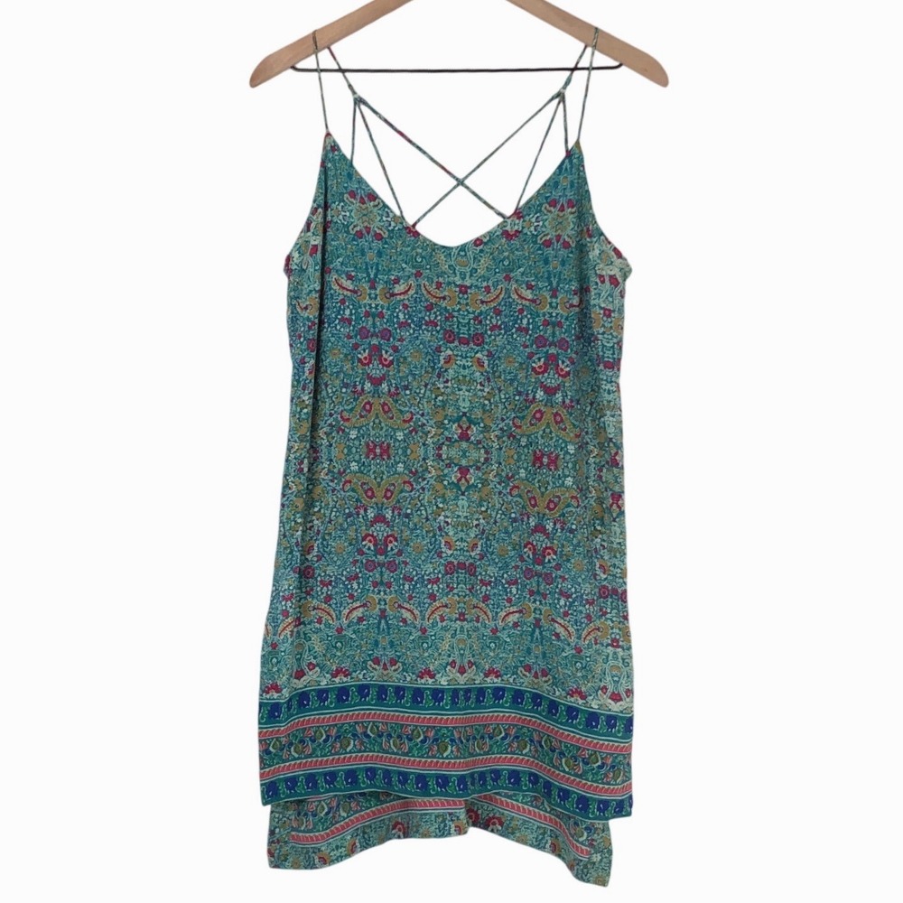 MAEVE Anthropologie 100% Silk Paisley Strappy Tunic Top Sz 8 Teal Hi-Lo Lined